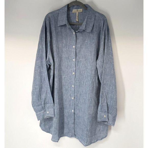 NWT Crown Linen Designs Shirt Dress Women 2 Blue Long Sleeve Coastal Oversized - Picture 1 of 10